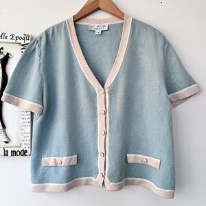Vintage St John Collection Wool Knit Blue Short Sleeve Cardigan Size 14